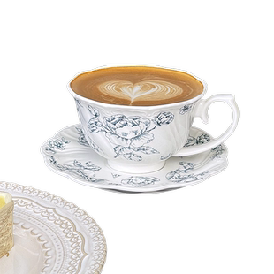 法式复古雾蓝玫瑰浮雕陶瓷杯碟套装轻奢风设计热拿铁拉花咖啡杯碟
