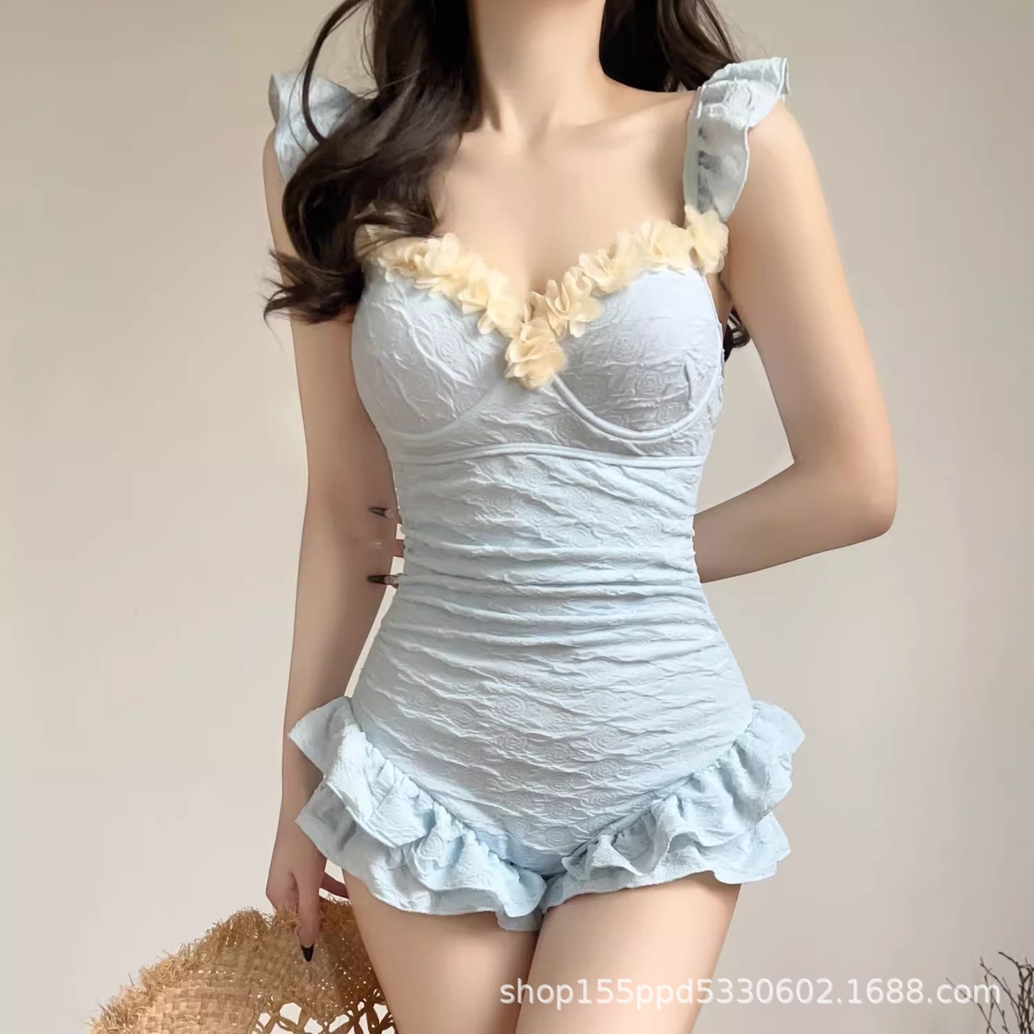 新款带钢拖泳衣女新款高级感连体显瘦小胸保守遮肉高档水色调9189