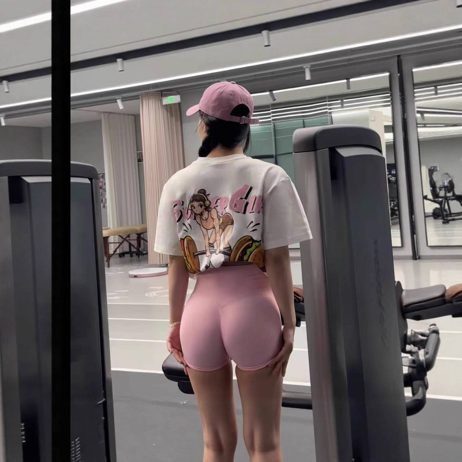 重磅纯棉汉堡哑铃宽松撸铁健身女运动上衣高颜值T恤休闲运动短袖