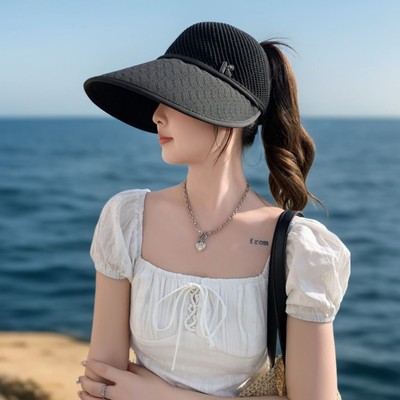 帽子女夏季长沿白色鸭舌帽空顶可扎马尾运动防晒遮阳帽字母太阳帽