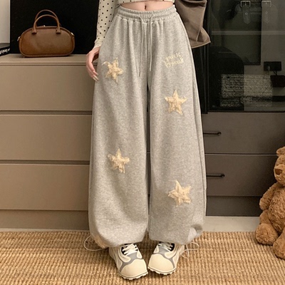 实拍美式刺绣植绒星星运动卫裤女冬季加绒抽绳休闲宽松直筒拖地裤