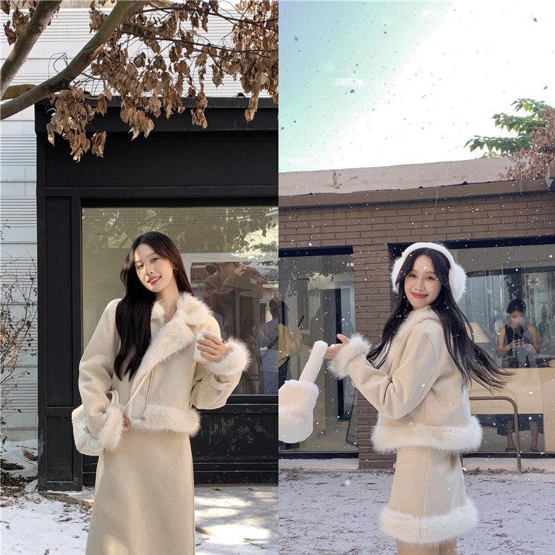 实拍实价~洋气鹿皮绒毛领冬季加厚名媛保暖夹棉外套+半身裙套装