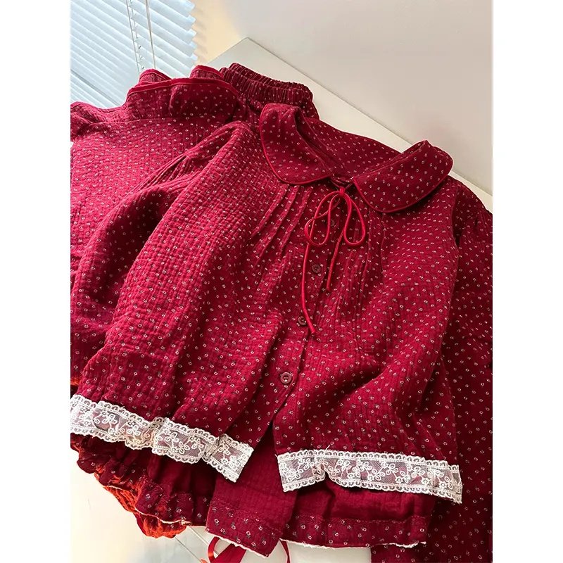 本命年红色碎花长袖长裤甜美减龄娃娃领睡衣女春秋季家居服蕾丝边,女士内衣/男士内衣/家居服,睡衣/家居服套装,淘宝优惠券,粉丝福利购,淘宝优惠卷