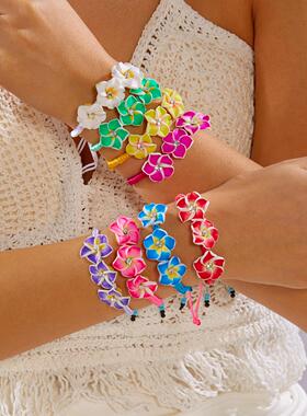 波西米亚度假风多巴胺软陶花朵手链春季百搭彩色鸡蛋花米珠脚链女