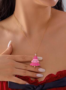 跨境新款圣诞项链时尚限定设计高级感粉色圣诞树镂空雪人项链耳环