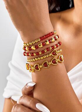 跨境新款情人节配饰 外贸热销创意设计红色爱心水晶串珠手链套装