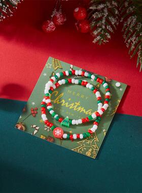 欧美跨境圣诞新款手链 创意红绿撞色设计圣诞老人雪花串珠手链女