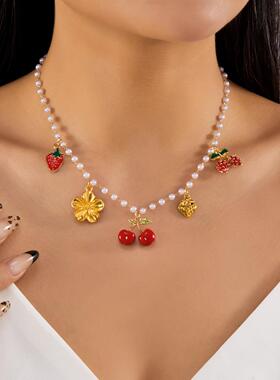 跨境外贸热卖樱桃项链 时尚个性东大门爆款樱桃小雏菊吊坠项链女