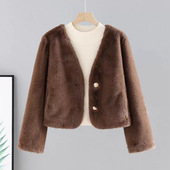 秋冬皮毛一体女外套加厚金标仿金貂绒V领显瘦毛毛小香风短款 外套