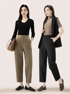 小个子九分休闲弯刀裤 西装 工作裤 女春秋垂坠感直筒黑色职业正装 裤