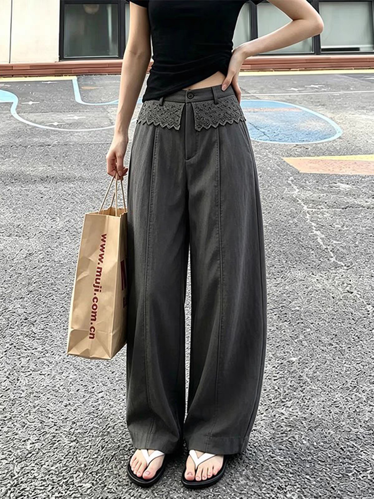 欧货宽松高腰松弛感气球弯刀裤女春款设计感绑带垂感阔腿休闲长裤图片