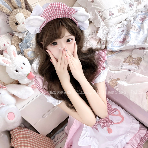 奶芙喵仆*日系软妹女仆cos服可爱蝴蝶结粉色猫咪格纹Lolita连衣裙