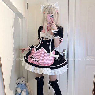 蜜糖喵语*甜酷黑粉女仆装cos服可爱小猫掌印骨头挂饰lolita连衣裙