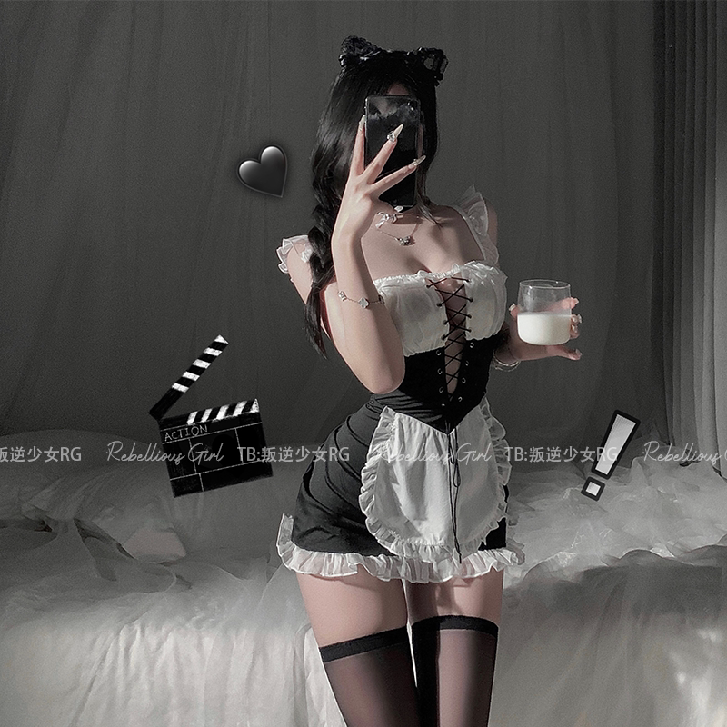 「大白兔奶糖」纯欲女仆cos制服性感绑带诱惑显胸露背女佣连衣裙