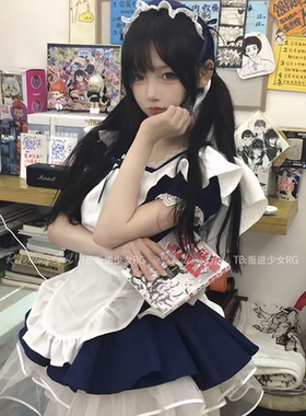 海盐甜心*日系可爱天使女仆装cos服软萌少女Lolita绀色狗短连衣裙