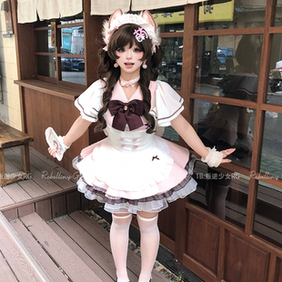 桃栗泡芙*粉棕日系软萌女仆装cos服可爱蝴蝶结妹抖Lolita连衣裙