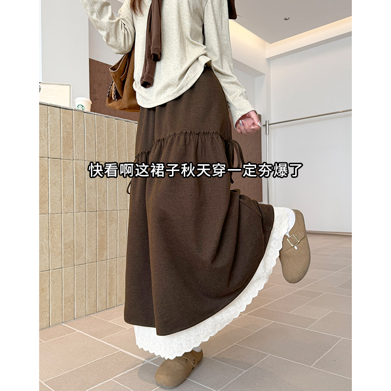 黑色毛呢半身裙女秋冬2026款遮胯蕾丝花边a字裙伞裙超美中长裙