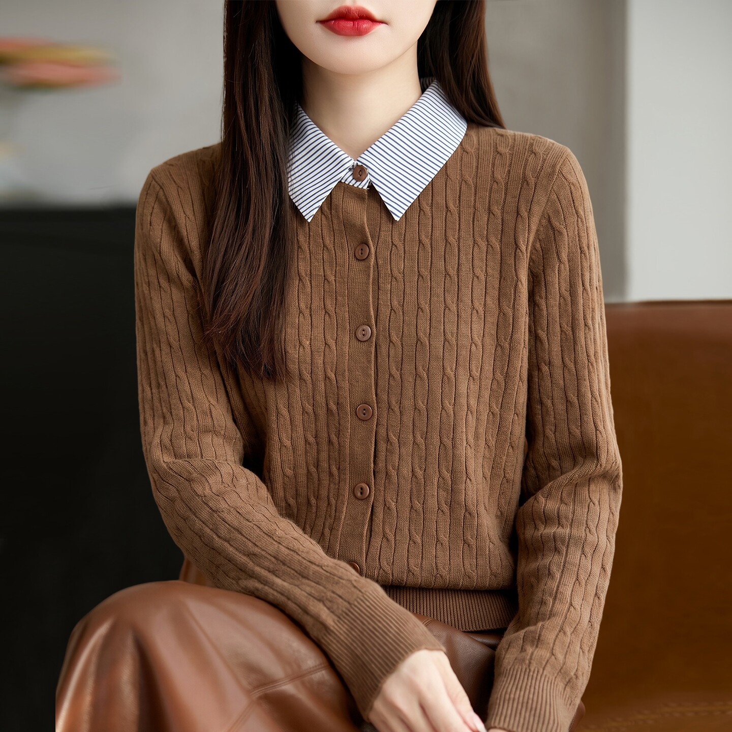 2026新款翻领纯色秋季大码针织开衫外套女洋气中老年女装上衣毛衣