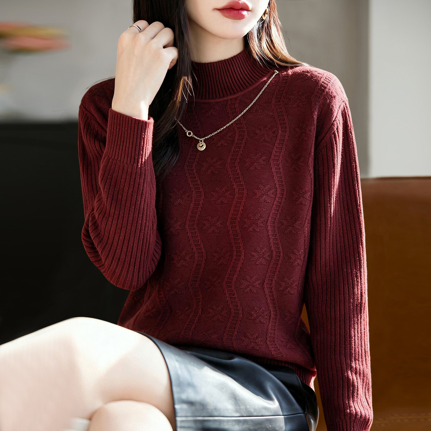 2026新款纯色红色本命年秋季大码针织打底衫女中老年女装上衣毛衣