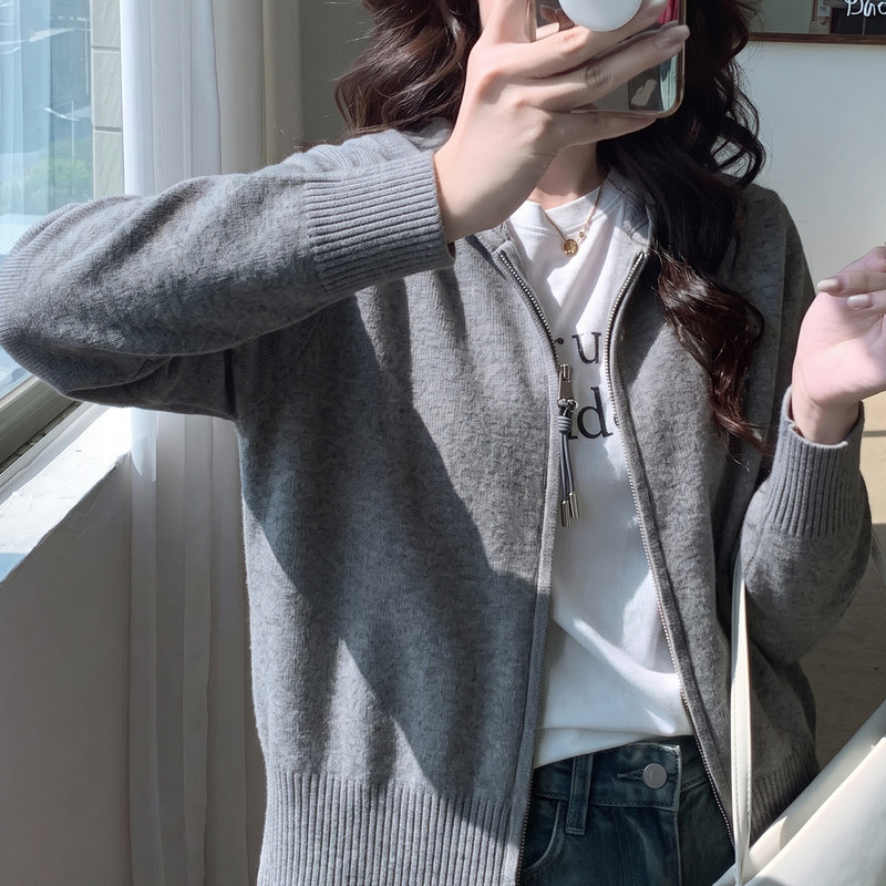 拉夏贝尔纯色连帽秋季大码针织开衫外套女洋气中老年女装上衣毛衣