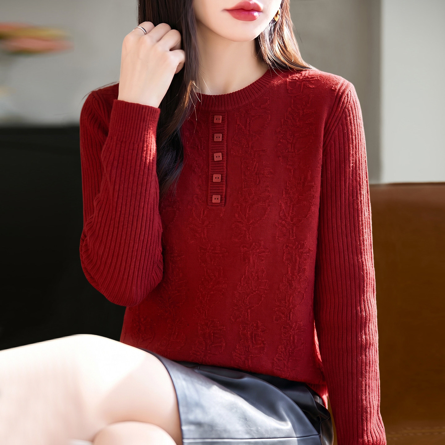 2026新款纯色红色本命年秋季大码针织打底衫女中老年女装上衣毛衣