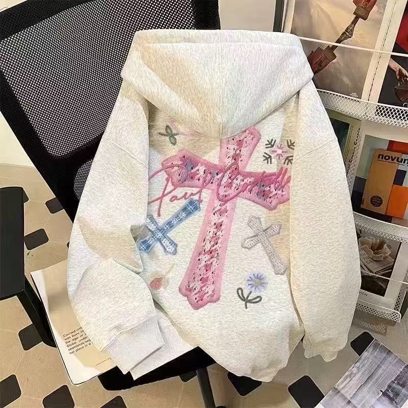 美式复古十字架印花连帽卫衣宽松