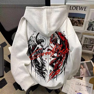 美式街头hiphop天使翅膀印花连帽卫衣男女秋冬款国潮宽松高街外套