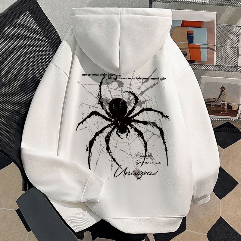 美式复古潮牌蜘蛛印花连帽卫衣男