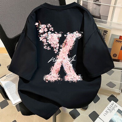 美式复古樱花字母印花纯棉短袖男