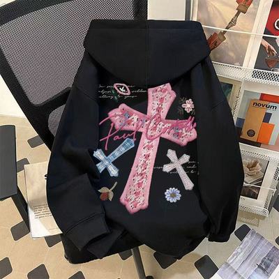 十字架印花宽松连帽卫衣男美式