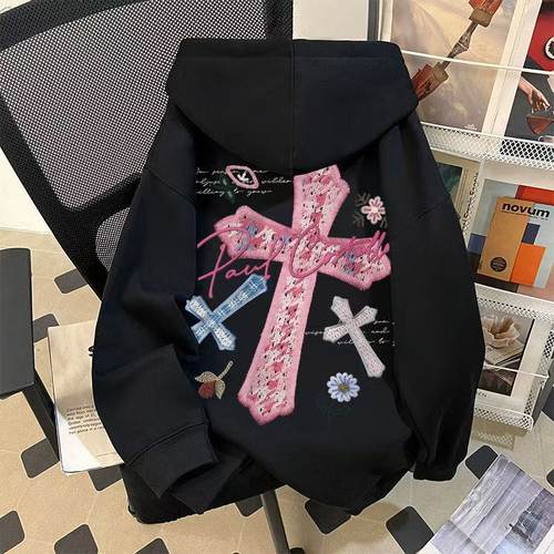 十字架印花宽松连帽卫衣男美式