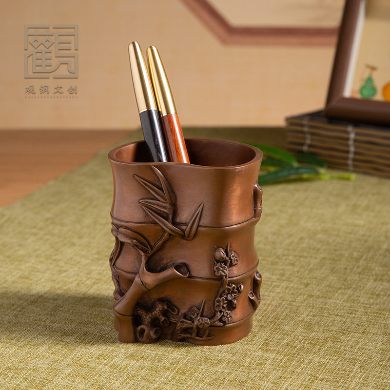 复古紫铜笔筒新中式摆件家居客厅装饰品玄关柜子办公室摆设送领导,家居饰品,装饰摆件,淘宝优惠券,粉丝福利购,淘宝优惠卷