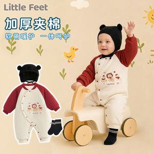 新生婴儿秋冬夹棉加厚喜庆过年满月百日小月龄连体衣宝宝拜冬年服