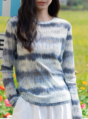 右设/25/SS复古晕染网纱打底衫女秋季新款长袖T恤文艺休闲A5009A