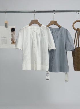 右设/25SS圆领褶皱系扣小衫夏季新款文艺短袖衬衫女2XFAM5B9091A