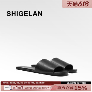 诗歌兰2026夏季新款简约风牛皮露趾一字拖外穿慵懒百搭黑色凉拖鞋