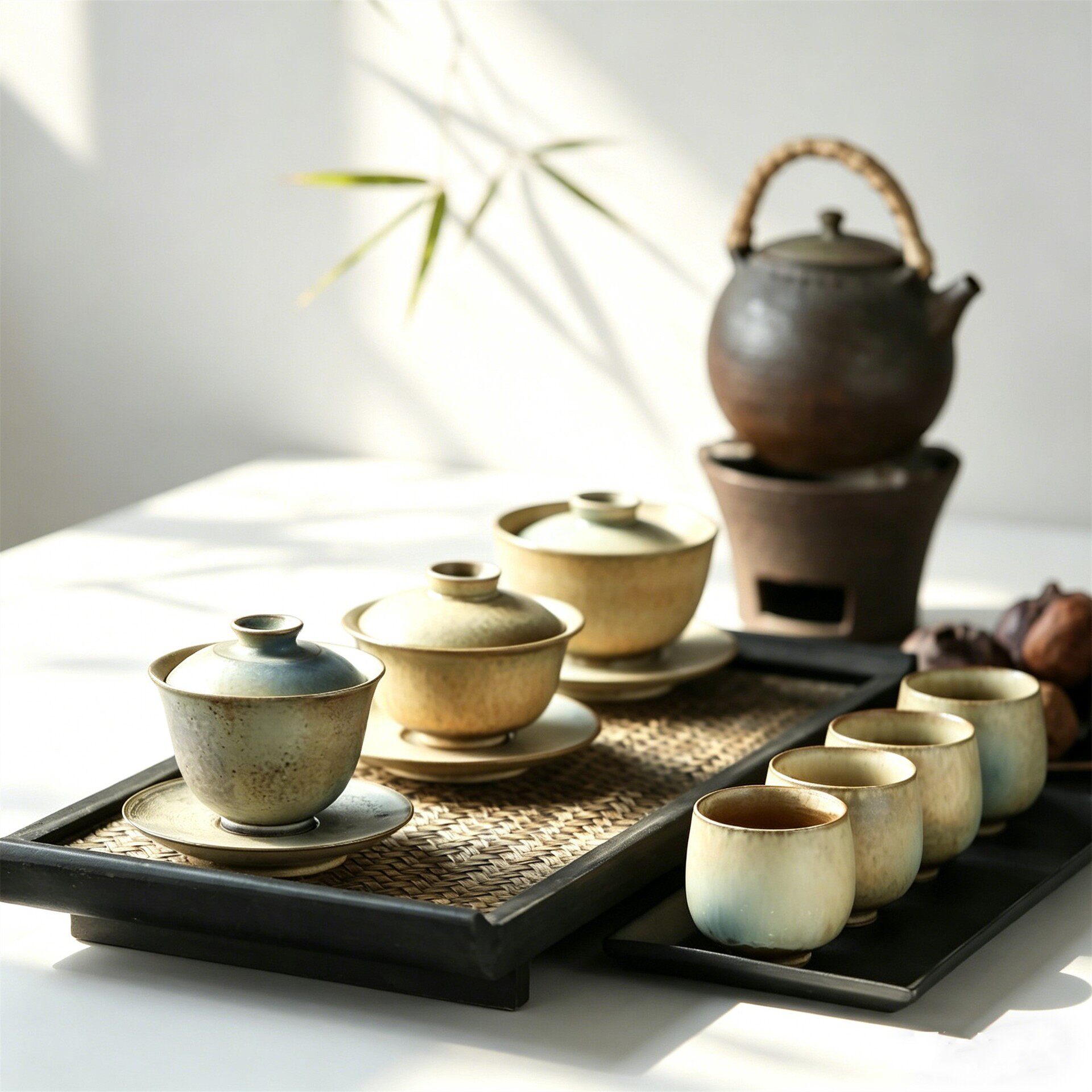 蓝色柴色极光三才盖碗景德镇手工窑变茶具套组160ml一碗四杯套装