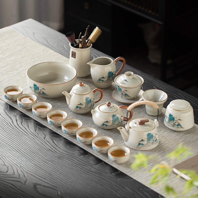 米黄汝窑千里江山功夫茶具套装高档家用陶瓷泡茶壶杯盖碗2026新款