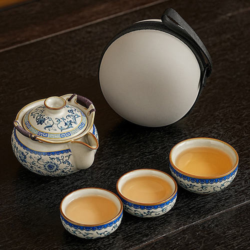 青花黄汝窑手抓壶盖碗茶杯带盖防烫家用功夫茶具高档大号泡茶茶碗