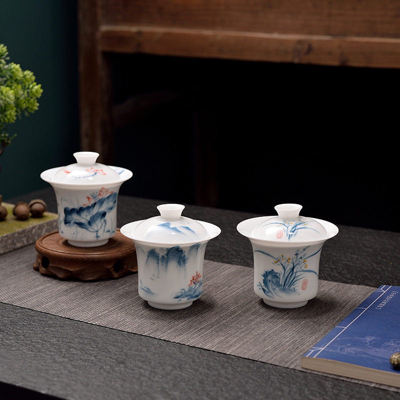 中国风大师手画茶备白瓷冲茶盖碗陶瓷大号泡茶器家用功夫两才茶碗