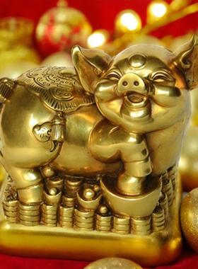 纯铜笑脸猪铜钱猪摆件一对如意元宝金猪家居风水猪客厅补缺角聚财