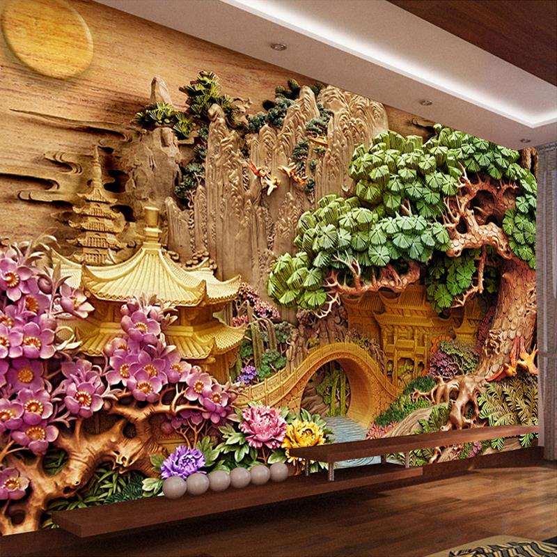 电视墙壁纸现代中式客厅沙发背景墙迎客松墙纸3d立体山水壁画墙布