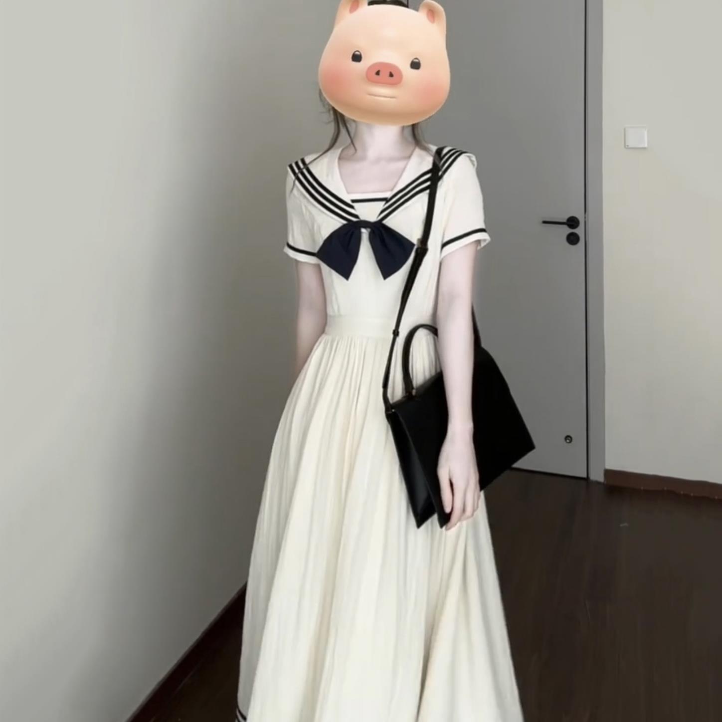 春夏季白色法式学院风连衣裙女2025新款海军领水手服显瘦a字裙子