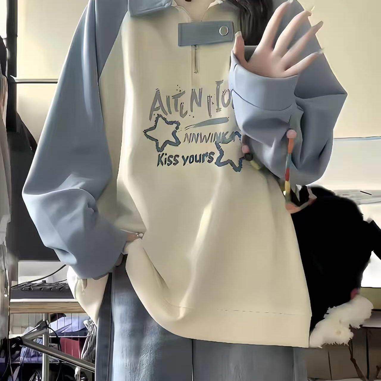 撞色插肩POLO衫卫衣女大童秋冬新款初中高中学生加绒加厚宽松上衣