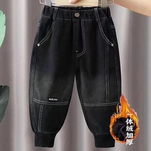 男童裤子秋冬春新款儿童牛仔裤一体绒加绒束口裤宝宝防风保暖长裤
