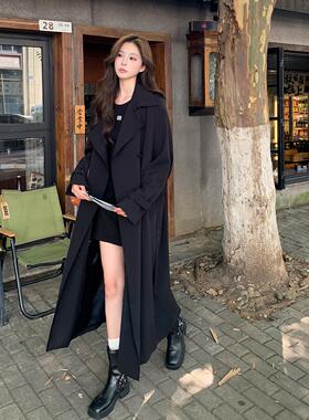 FEB7黑色风衣外套女中长款2024年秋装新款宽松高个子加长系带收腰