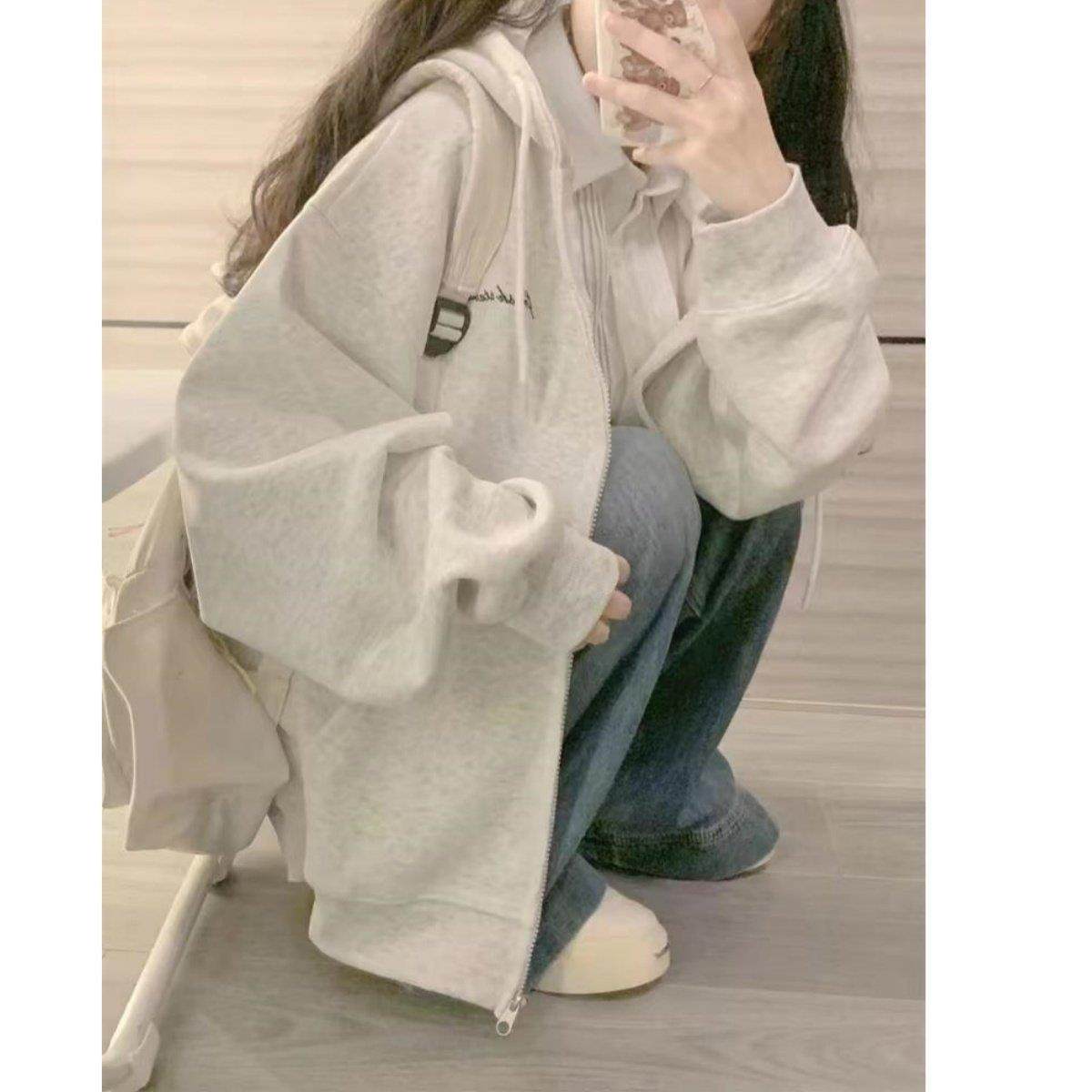 中大童灰色运动外套女童卫衣春秋冬韩系拉链连帽oversize开衫上衣