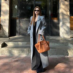 灰色长款高个子毛呢外套女2025年秋冬季新款轻奢风高级感呢子大衣