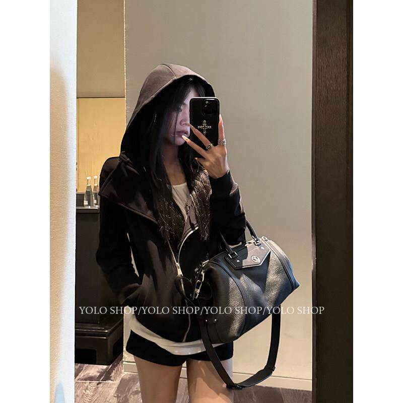 YOLO SHOP 黑色连帽卫衣女修身百搭设计感翻领美式开衫外套上衣
