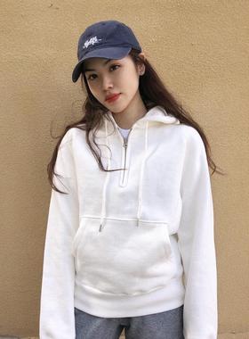 HIGHLIFE秋冬新款半拉炼卫衣纯色男女帽衫宽松潮纯棉休闲连帽加厚